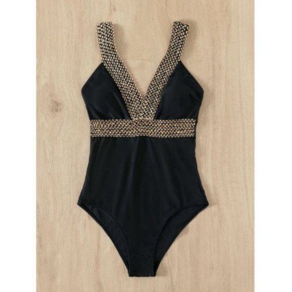 Gold Trim One Piece Swim Suit Bathing Suit - Picture 6 of 8